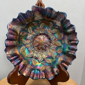 Fenton Holly Carnival Glass Bowl 8.5" Cobalt Blue Iridescent Ruffled Vintage